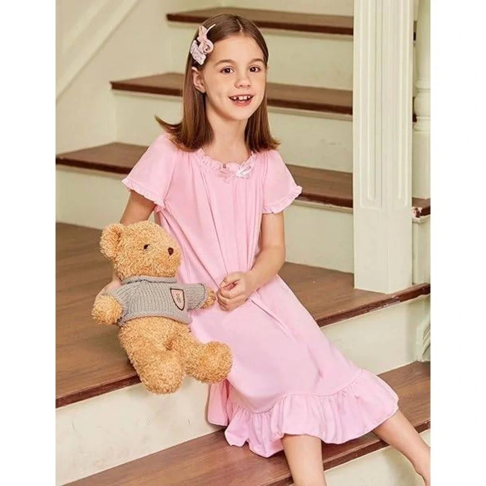 Kids Pink Ruffle Nightgown Short Sleeve Cotton Blend Sleep‎ Dress